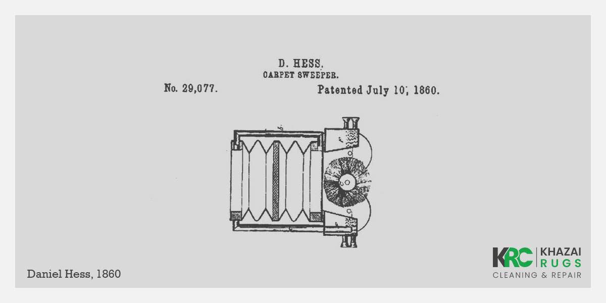His vacuum had a hand-operated crank with a pulley that powered a fan at the base to create suction.
